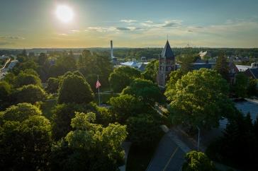 aerial photo of sun setting over T Hall